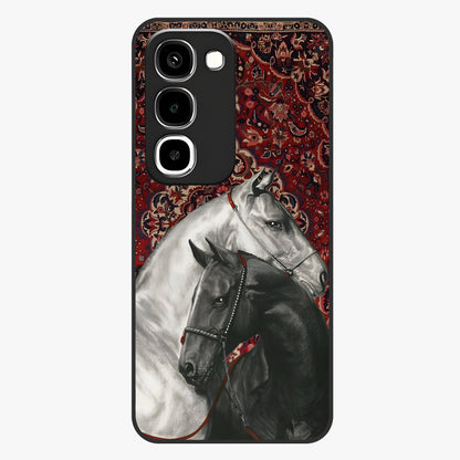 Regal Stallion Tapestry Glass Case showing flat back view with majestic horse tapestry artwork and glossy glass finish.