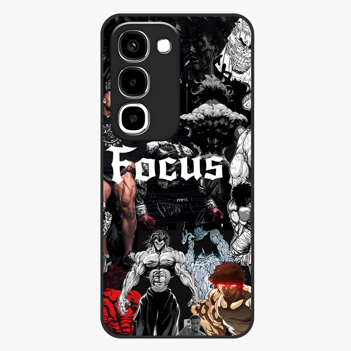 Relentless Power Focus Glass Case showing flat back view with motivational typography artwork and glossy glass finish.