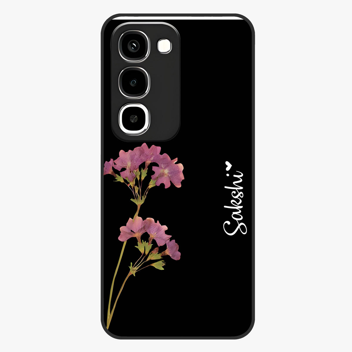 Riching Lavender Flower Custom Name Glass Case showing flat back view with lavender floral artwork and personalized name design.