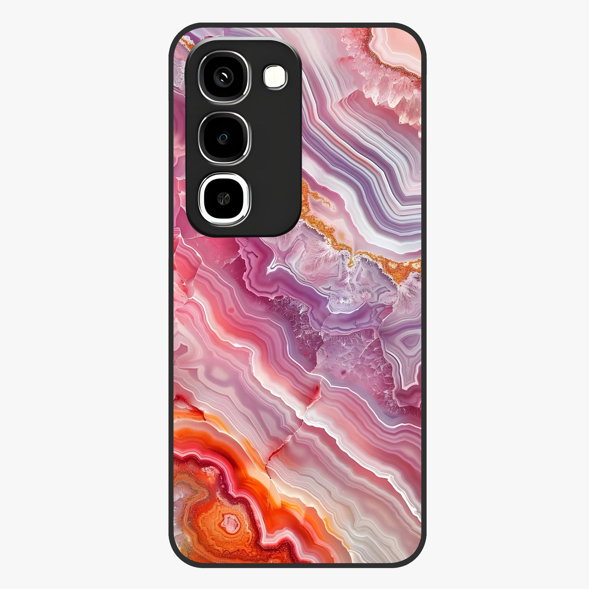 Rose Quartz Marble Glass Case showing flat back view with pink marble quartz texture artwork and glossy glass finish.