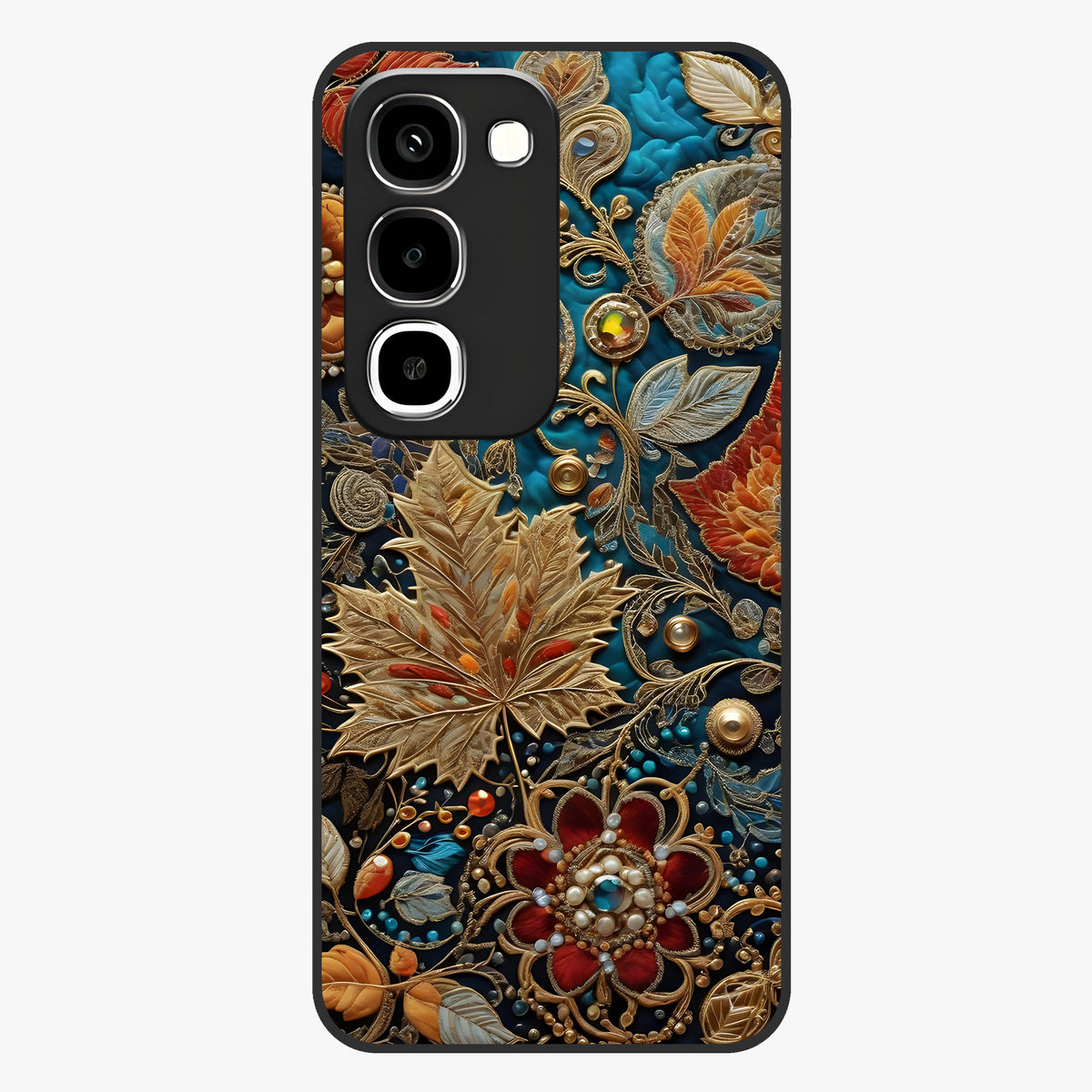Royal Jewel Garden Glass Case showing flat back view with decorative floral garden artwork and glossy glass finish.