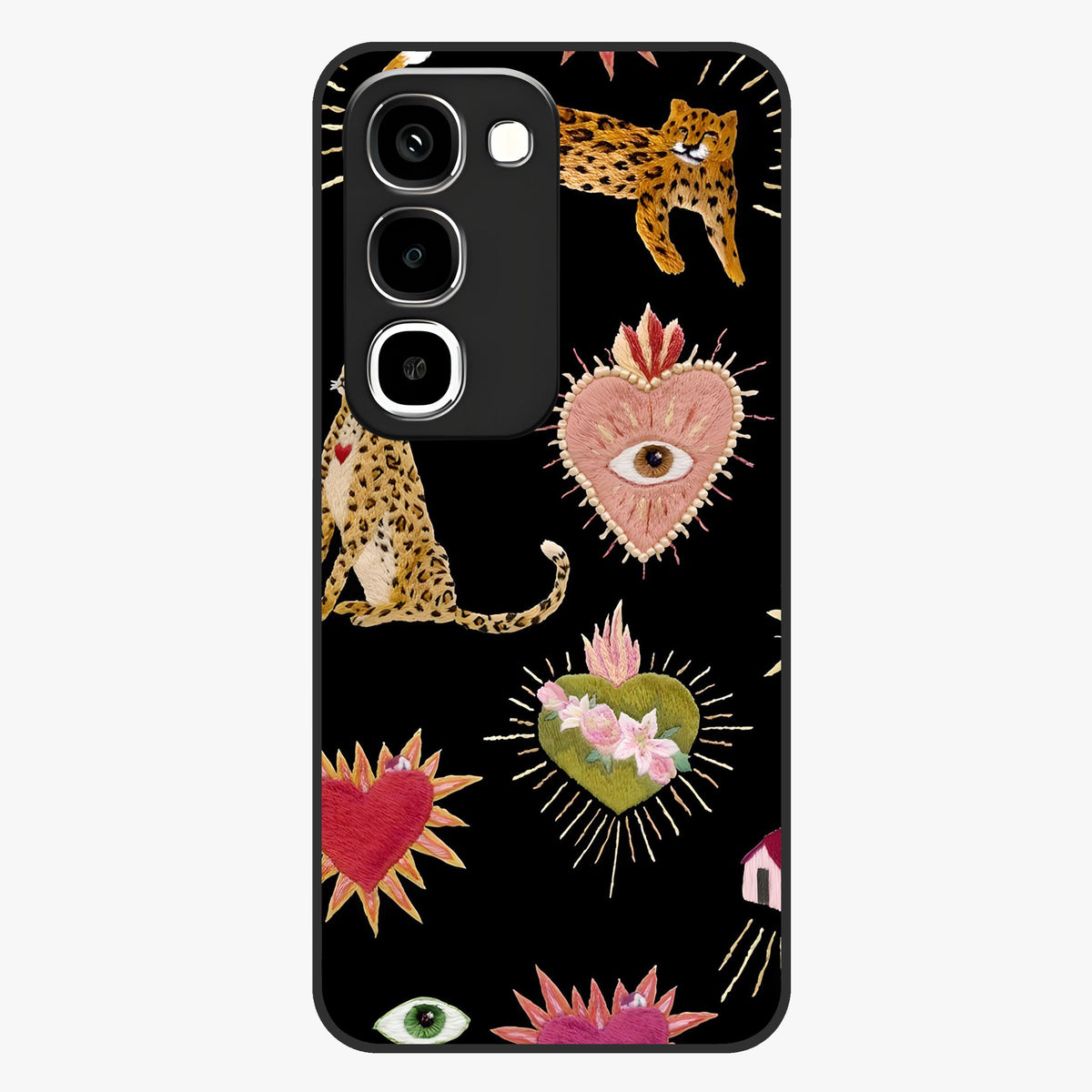 Sacred Jungle Heart Glass Case showing flat back view with jungle inspired heart artwork and glossy glass finish.