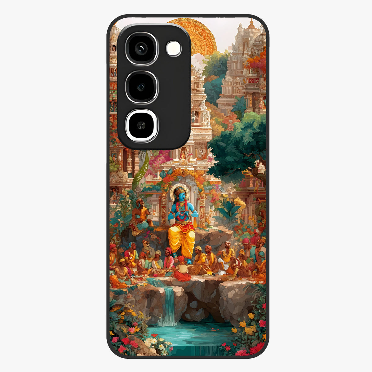 Sacred Sunlight Gods Glass Case showing flat back view with divine sunlight themed artwork and glossy glass finish.