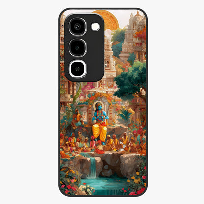 Sacred Sunlight Gods Glass Case showing flat back view with divine sunlight themed artwork and glossy glass finish.
