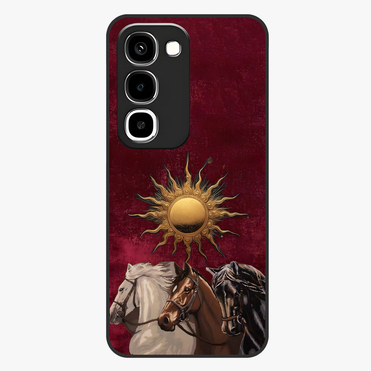 Solar Riders Glass Case showing flat back view with dynamic rider themed artwork and glossy glass finish.