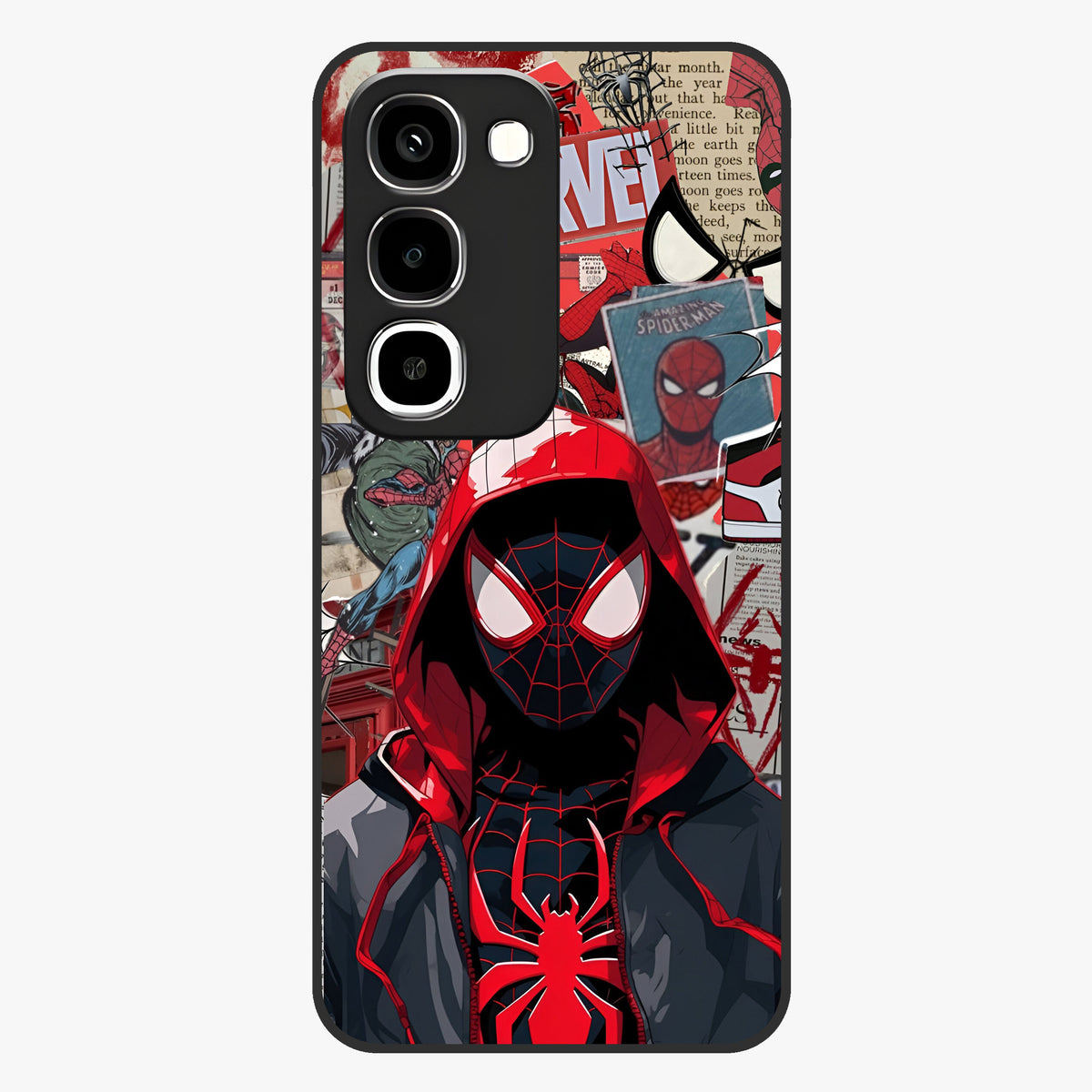 Spider Collage Street Glass Case showing flat back view with vibrant superhero collage artwork and glossy glass finish.