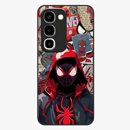 Spider Collage Street Glass Case showing flat back view with vibrant superhero collage artwork and glossy glass finish.