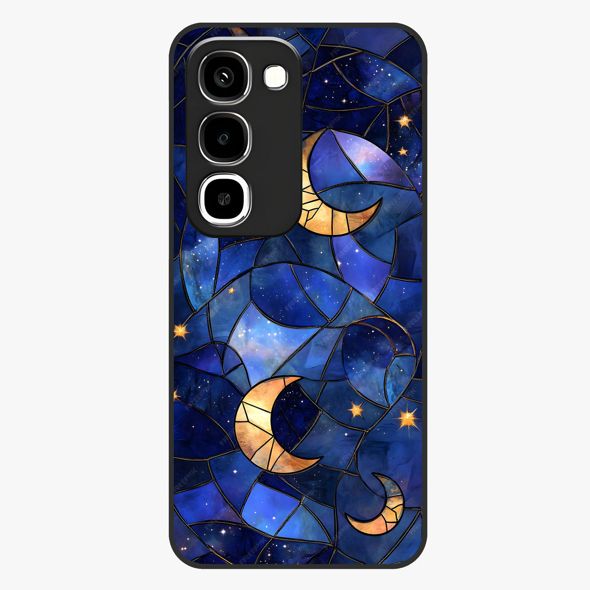 Starlit Sky Tapestry Glass Case showing flat back view with decorative starry sky tapestry artwork and glossy glass finish.