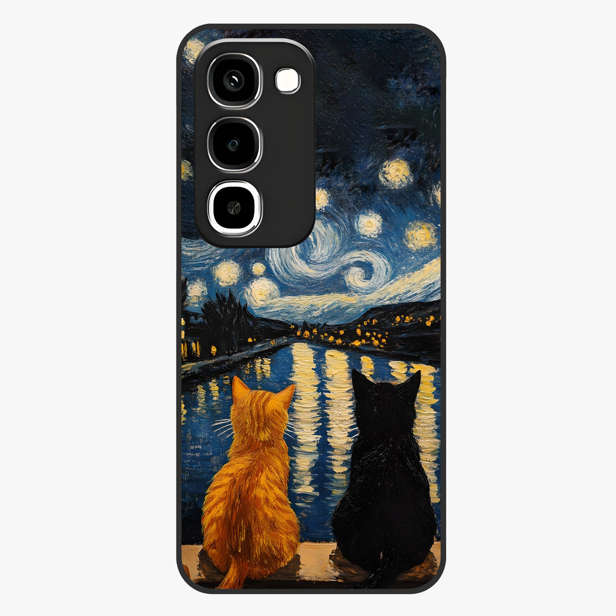 Starry River Cats Glass Case showing flat back view with cats by a starry river artwork and glossy glass finish.