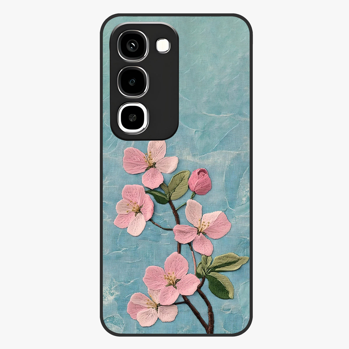 Threaded Blossom Breeze Glass Case showing flat back view with delicate blossom artwork and glossy glass finish.