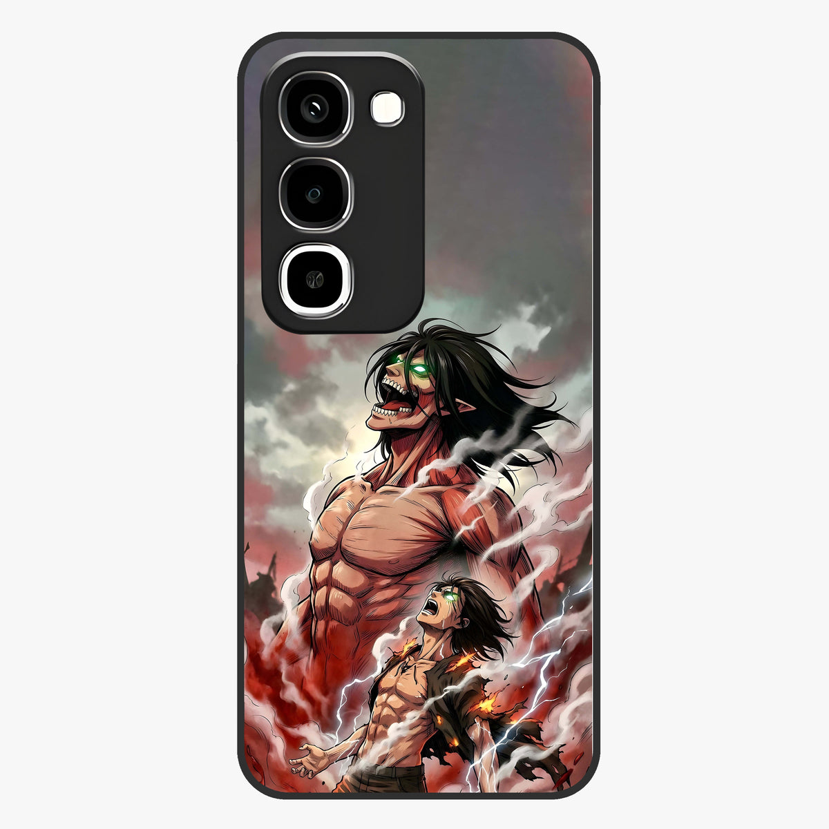 Titan Awakening Fury Glass Case showing flat back view with powerful titan inspired artwork and glossy glass finish.
