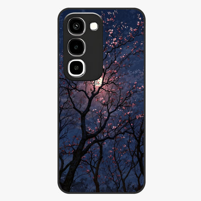 Twilight Sakura Serenade Glass Case showing flat back view with cherry blossom artwork at twilight and glossy glass finish.