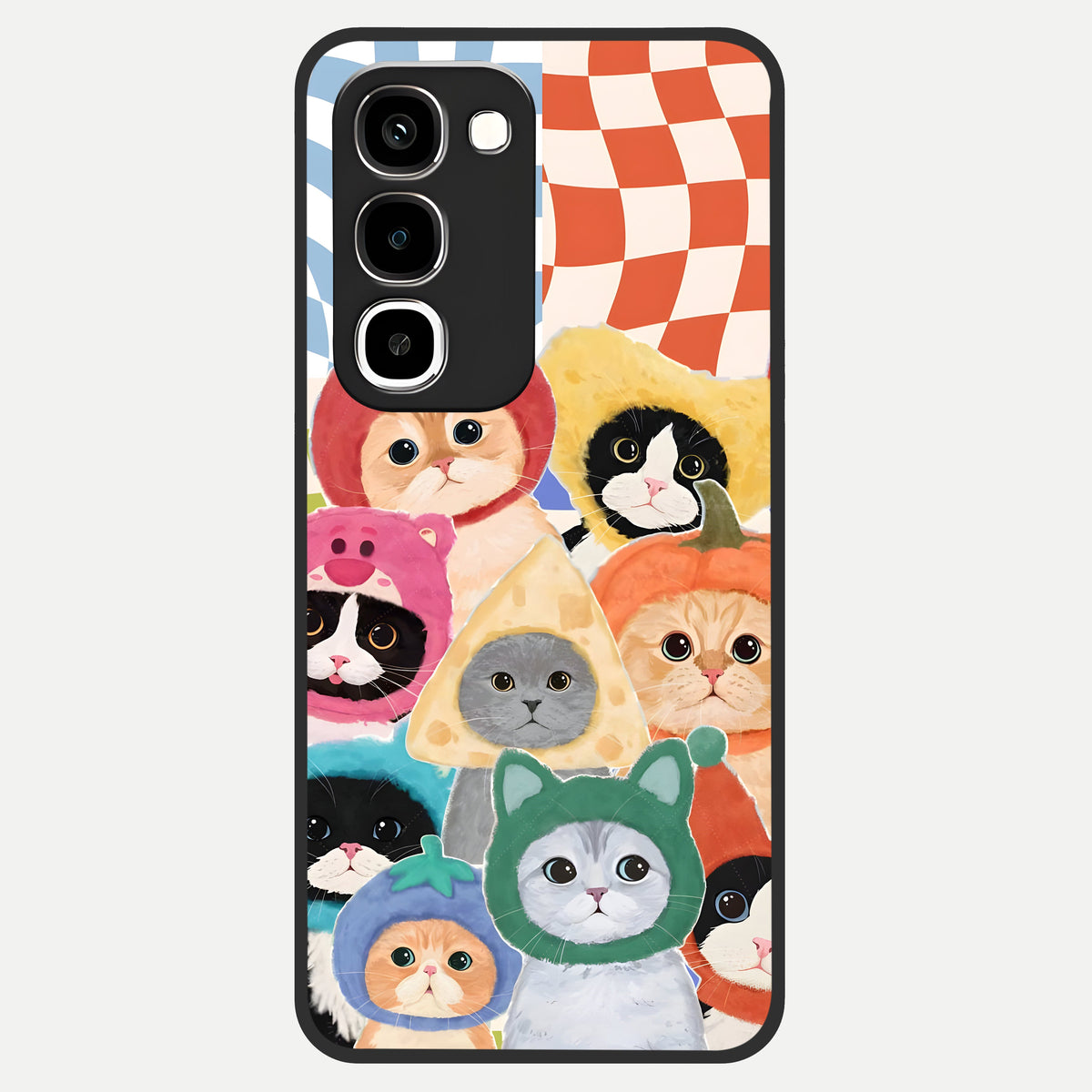 Cats in Fruits Glass Case showing flat back view with playful cat illustrations inside fruit artwork and glossy glass finish.