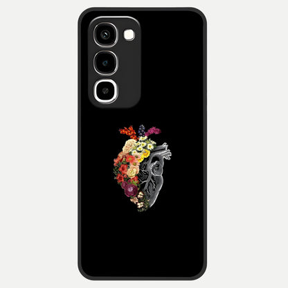Heart With Flowers Glass Case showing flat back view with heart shaped floral artwork and glossy glass finish.