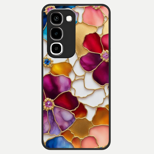 Marble Flower Pattern Glass Case showing flat back view with marble texture floral artwork and glossy glass finish.