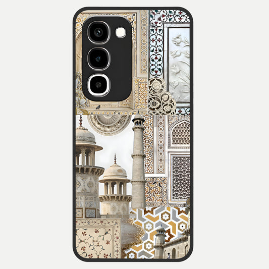 Mughal Marble Legacy Glass Case showing flat back view with intricate Mughal inspired marble pattern and glossy glass finish.