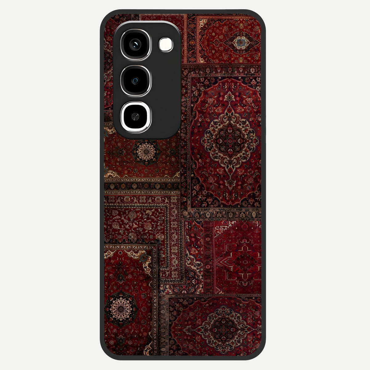 Persian Velvet Tale Glass Case showing flat back view with luxurious Persian velvet pattern artwork and glossy glass finish.