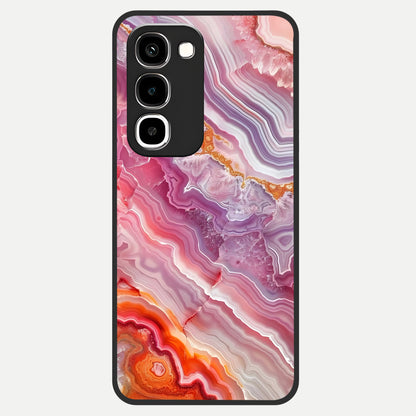 Rose Quartz Marble Glass Case showing flat back view with pink marble quartz texture artwork and glossy glass finish.