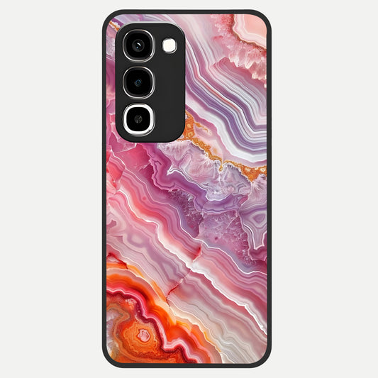 Rose Quartz Marble Glass Case showing flat back view with pink marble quartz texture artwork and glossy glass finish.
