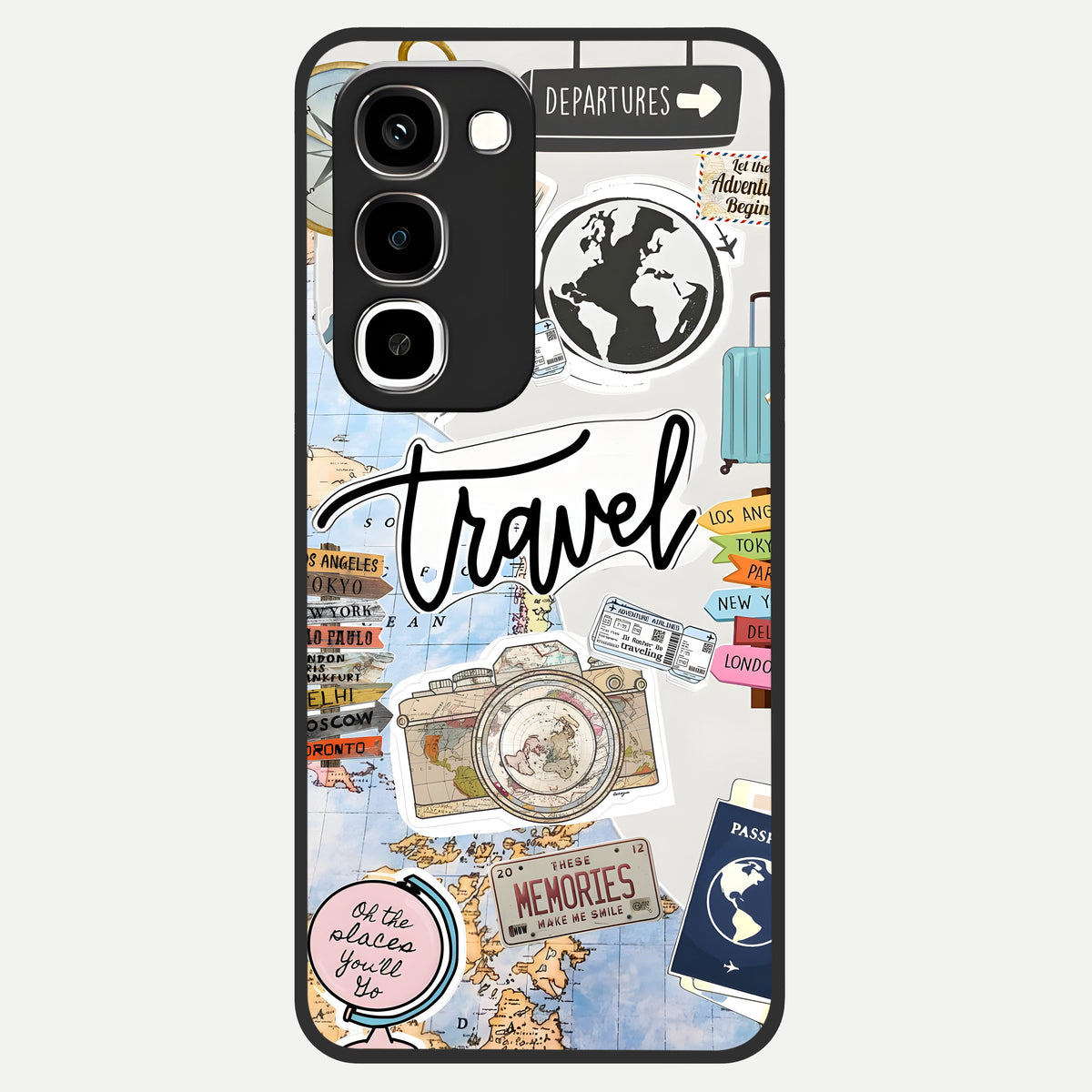 Wanderlust Journal Glass Case showing flat back view with travel inspired artwork and glossy glass finish.