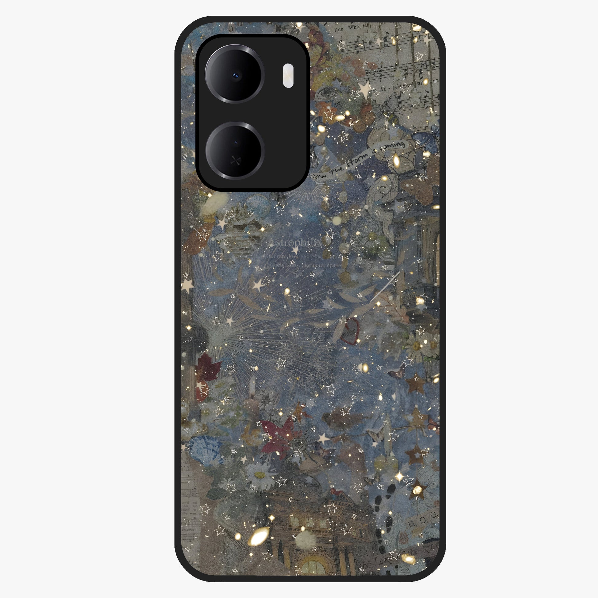 Aesthetic Astrolophia Glass Case showing flat back view with dreamy aesthetic design and glossy glass finish.