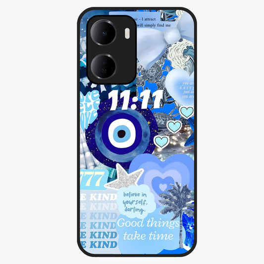 Aesthetic Be Kind Eye Glass Case showing flat back view with motivational eye artwork and glossy glass finish.