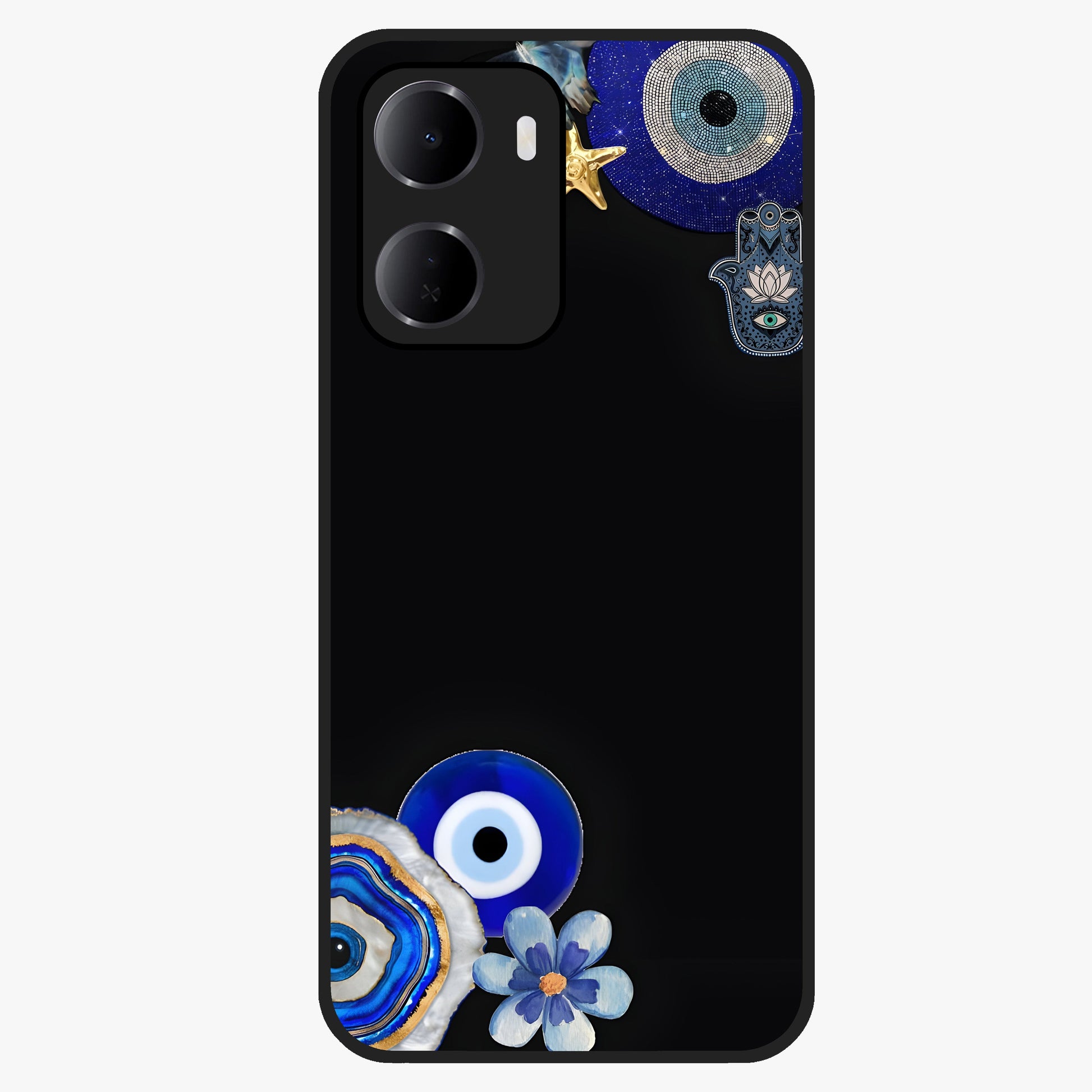 Aesthetic Blue Evil Eye Glass Case showing flat back view with protective evil eye artwork and glossy glass finish.
