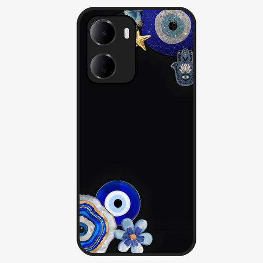 Aesthetic Blue Evil Eye Glass Case showing flat back view with protective evil eye artwork and glossy glass finish.