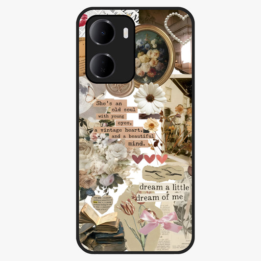 Aesthetic Brown Vintage Collage Glass Case showing flat back view with retro collage artwork and glossy glass finish.
