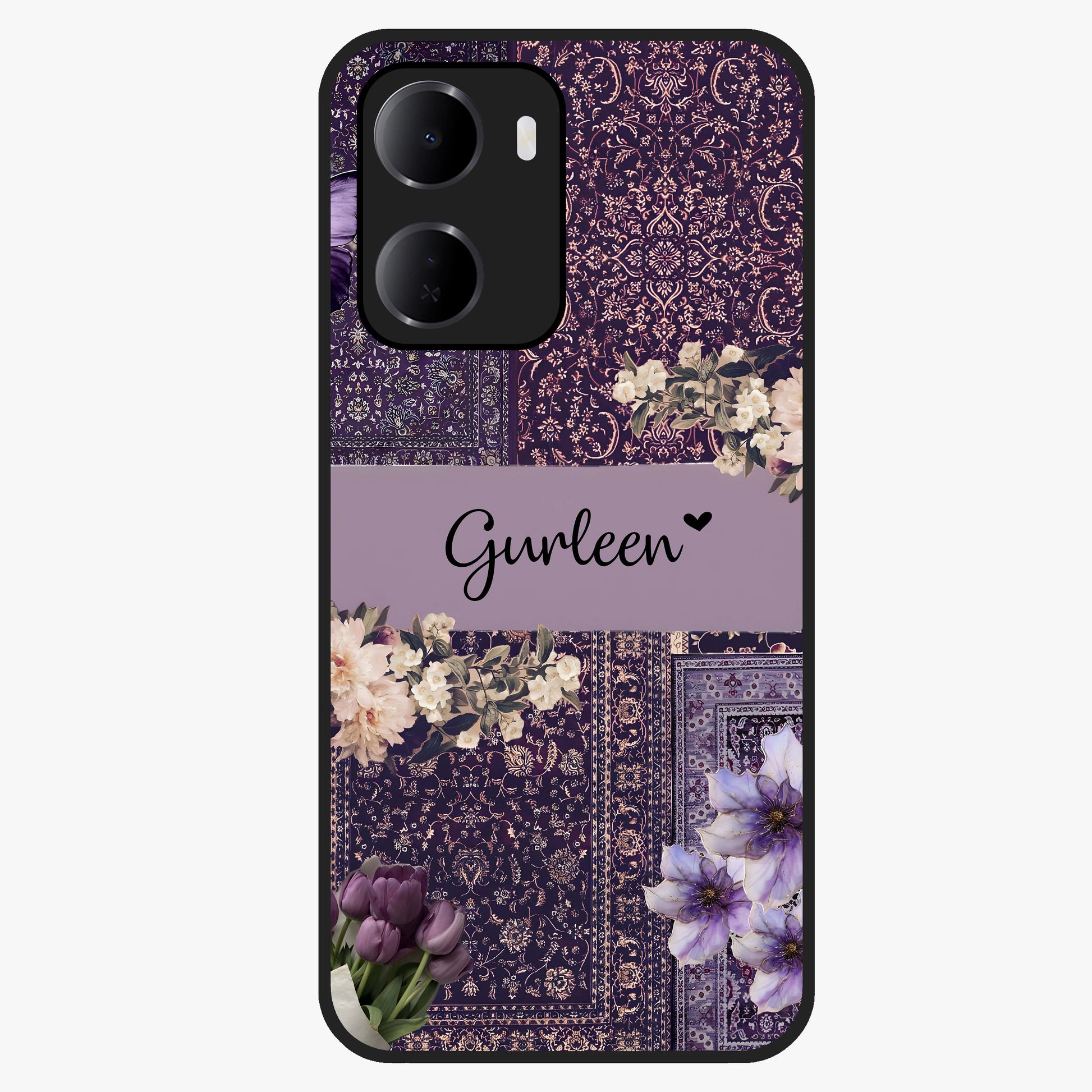 Antique Floral Whisper Custom Name Glass Case showing flat back view with vintage floral artwork and personalized name design.
