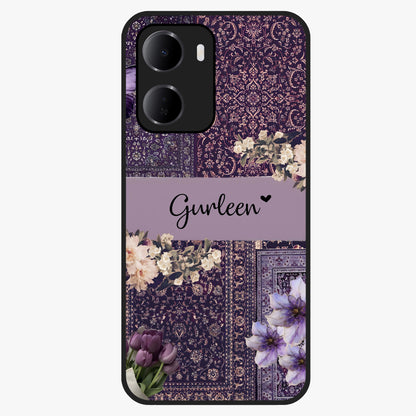 Antique Floral Whisper Custom Name Glass Case showing flat back view with vintage floral artwork and personalized name design.
