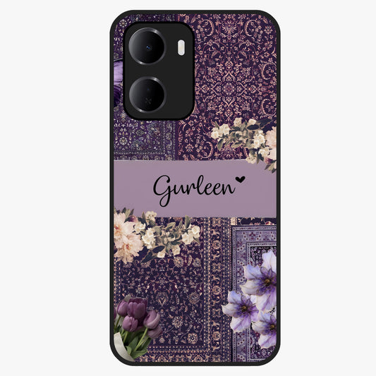 Antique Floral Whisper Custom Name Glass Case showing flat back view with vintage floral artwork and personalized name design.