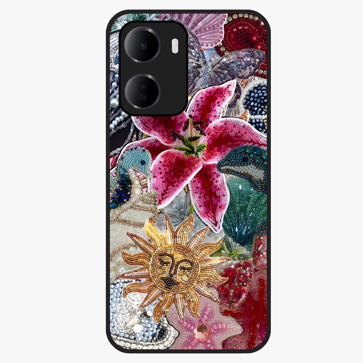 Beaded Garden Fantasy Glass Case showing flat back view with dreamy garden bead artwork and glossy glass finish.