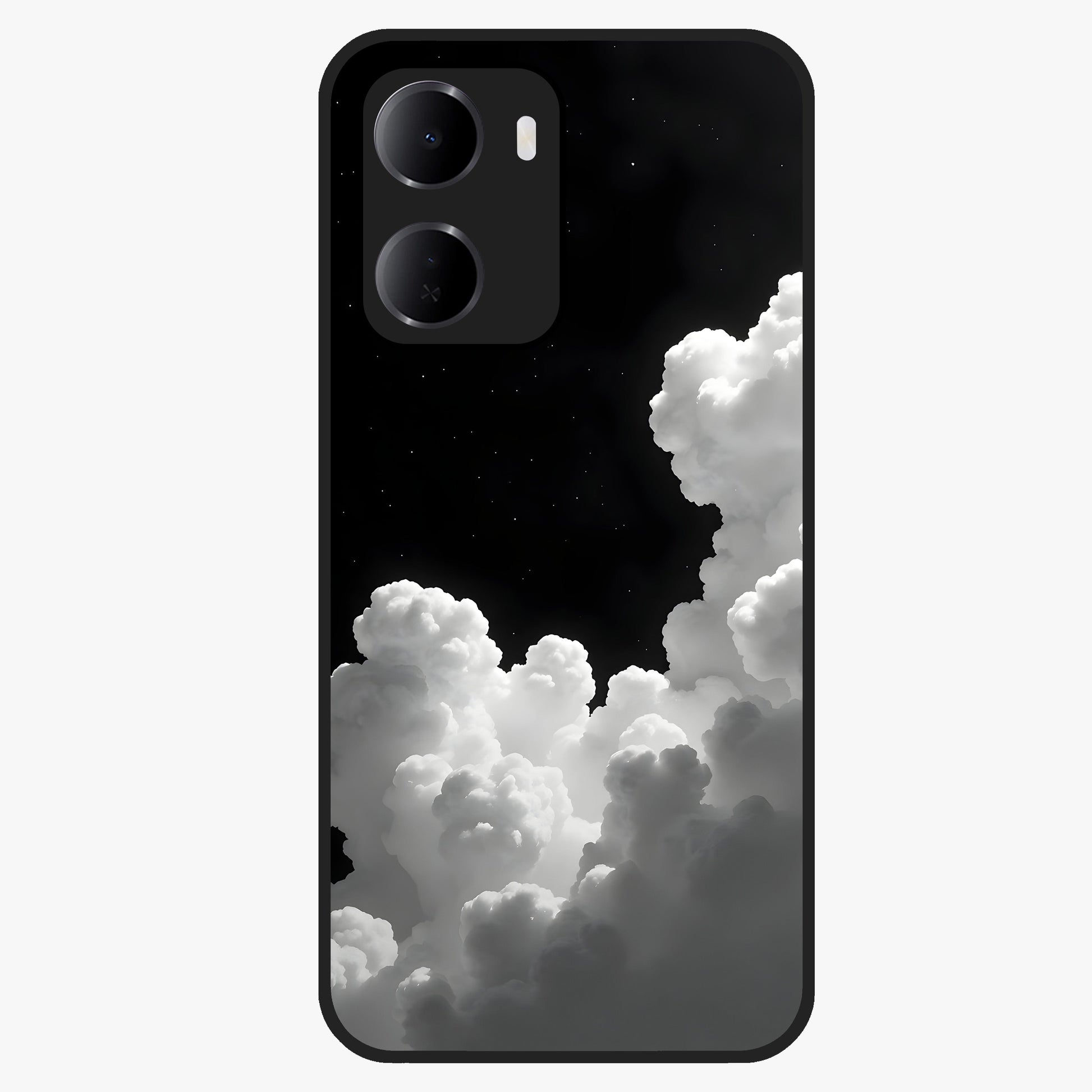 Black Background With White Cloud Glass Case showing flat back view with minimal cloud artwork on dark background and glossy glass finish.