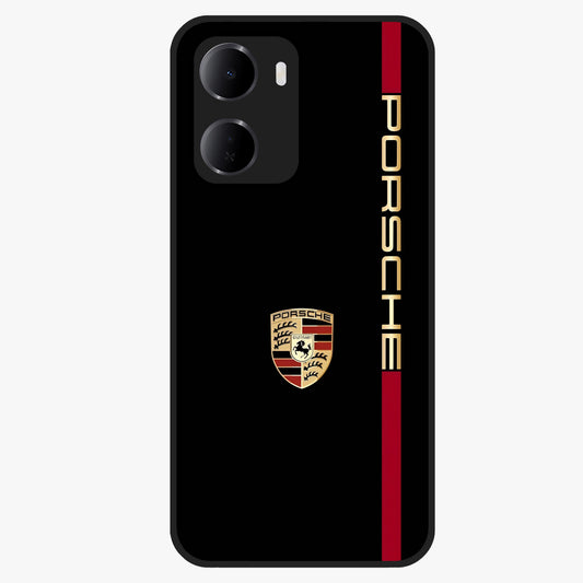 Black Minimal Porsche Glass Case showing flat back view with sleek minimal sports car artwork and glossy glass finish.