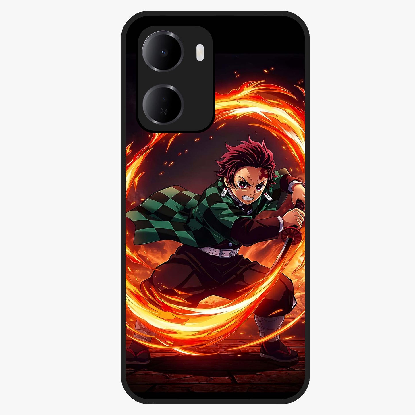 Blazing Sword Resolve Glass Case showing flat back view with fiery sword artwork and glossy glass finish.