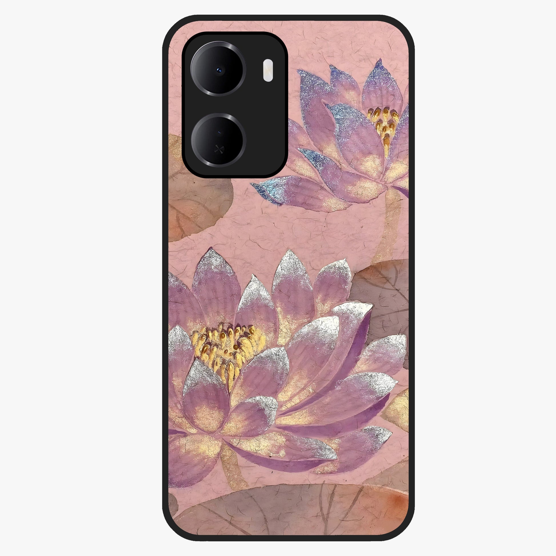 Blossom Mist Lotus Glass Case showing flat back view with serene lotus blossom artwork and glossy glass finish.