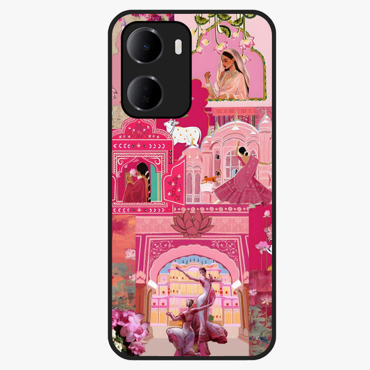 Blossoms of Rajasthan Glass Case showing flat back view with traditional floral artwork inspired by Rajasthan and glossy glass finish.