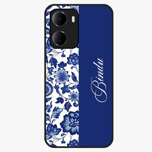 Blue Vintage Floral Pattern Glass Case upright view showcasing timeless floral illustration with vintage inspired style.