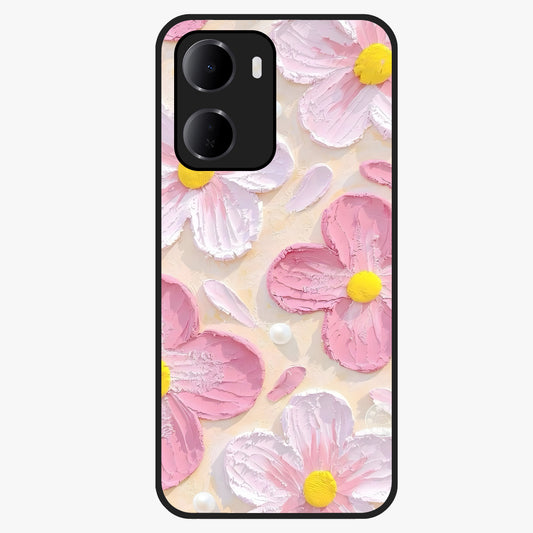 Blush Bloom Texture Glass Case showing flat back view with soft blush floral texture artwork and glossy glass finish.
