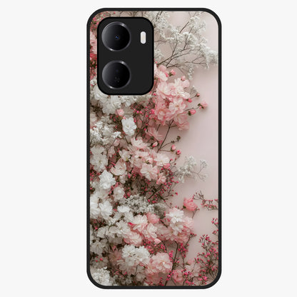 Blush Blossom Cloud Glass Case showing flat back view with dreamy blush cloud blossom artwork and glossy glass finish.