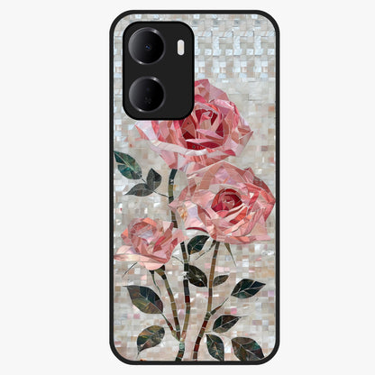 Blush Mosaic Bloom Glass Case showing flat back view with mosaic floral bloom artwork and glossy glass finish.