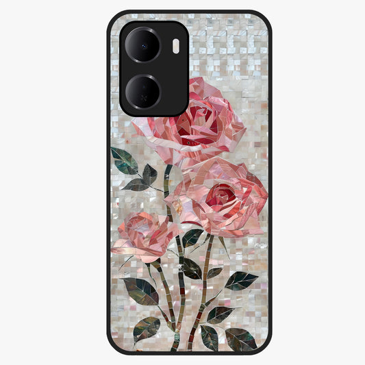 Blush Mosaic Bloom Glass Case showing flat back view with mosaic floral bloom artwork and glossy glass finish.