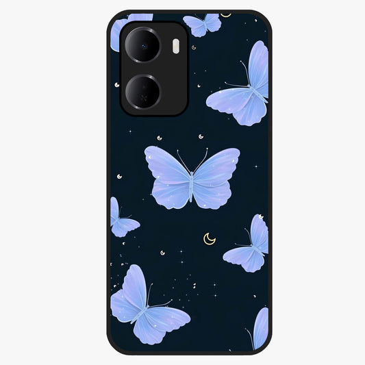 Butterfly With Stars Pattern Glass Case showing flat back view with butterfly and star pattern artwork and glossy glass finish.