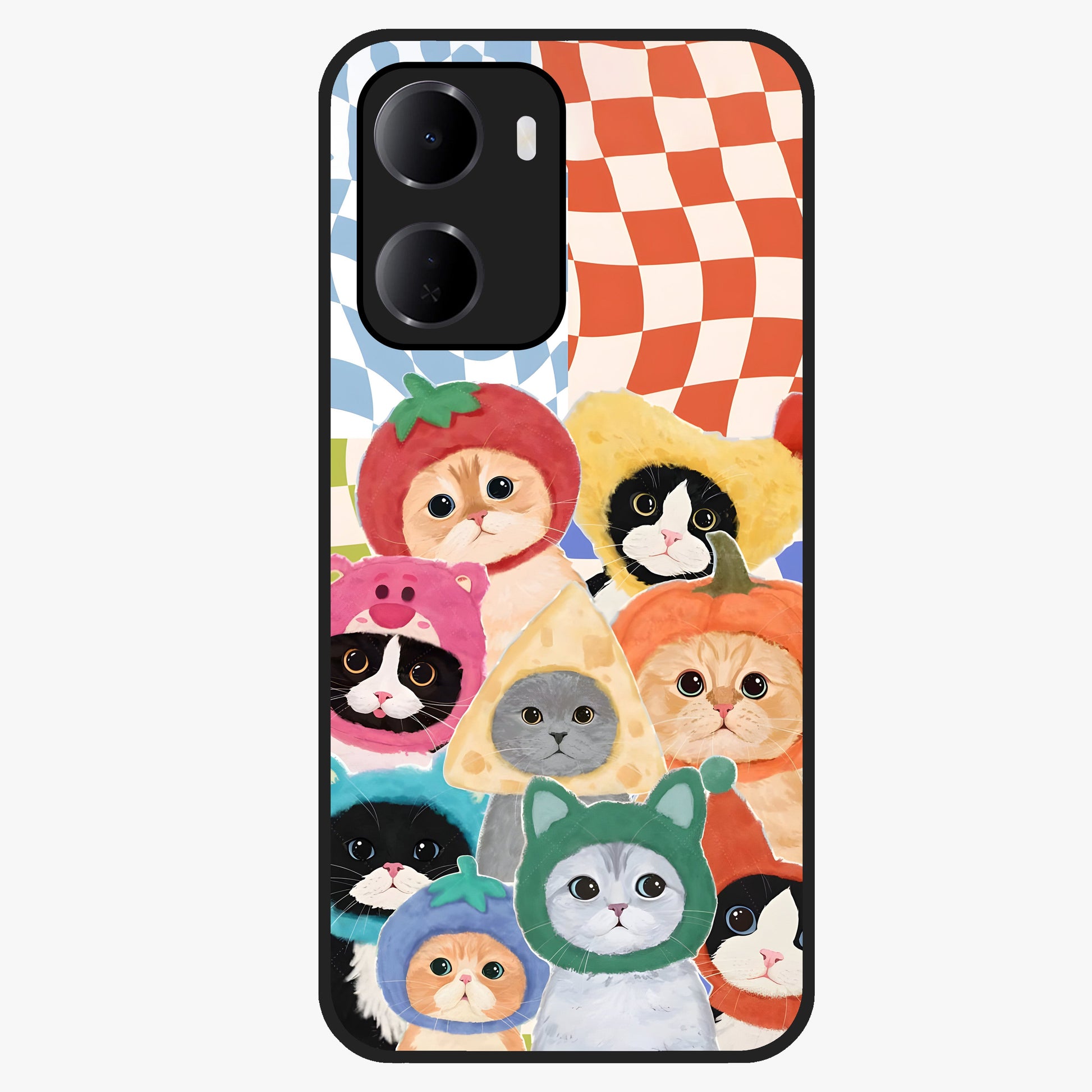 Cats in Fruits Glass Case showing flat back view with playful cat illustrations inside fruit artwork and glossy glass finish.