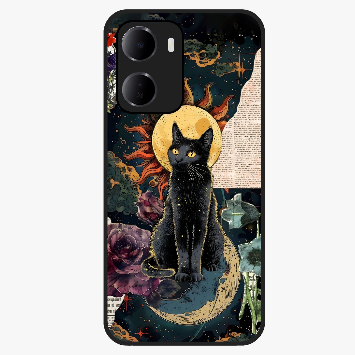 Celestial Black Cat Glass Case showing flat back view with mystical black cat artwork and glossy glass finish.