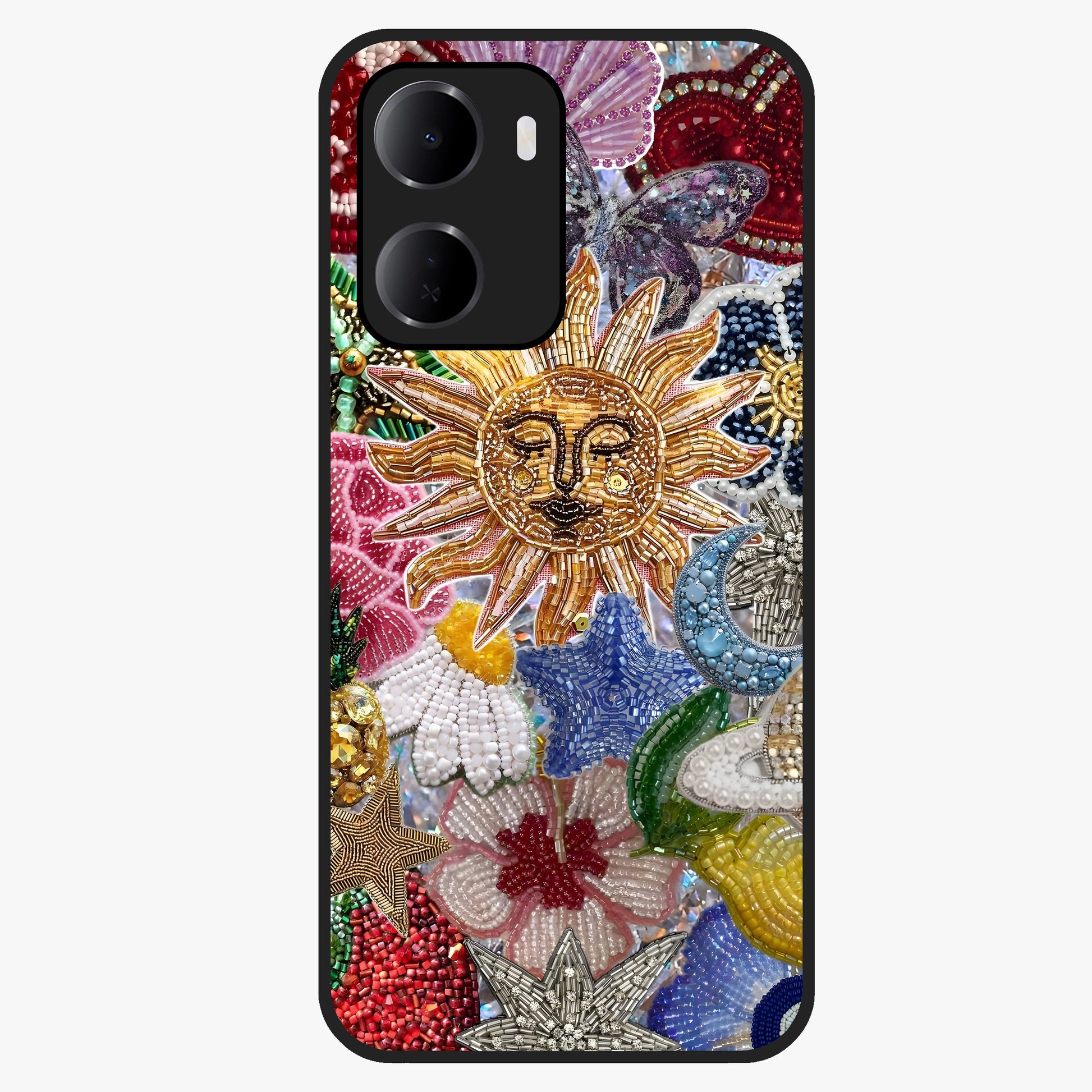 Celestial Floral and Playful Glass Case showing flat back view with floral and celestial themed artwork and glossy glass finish.