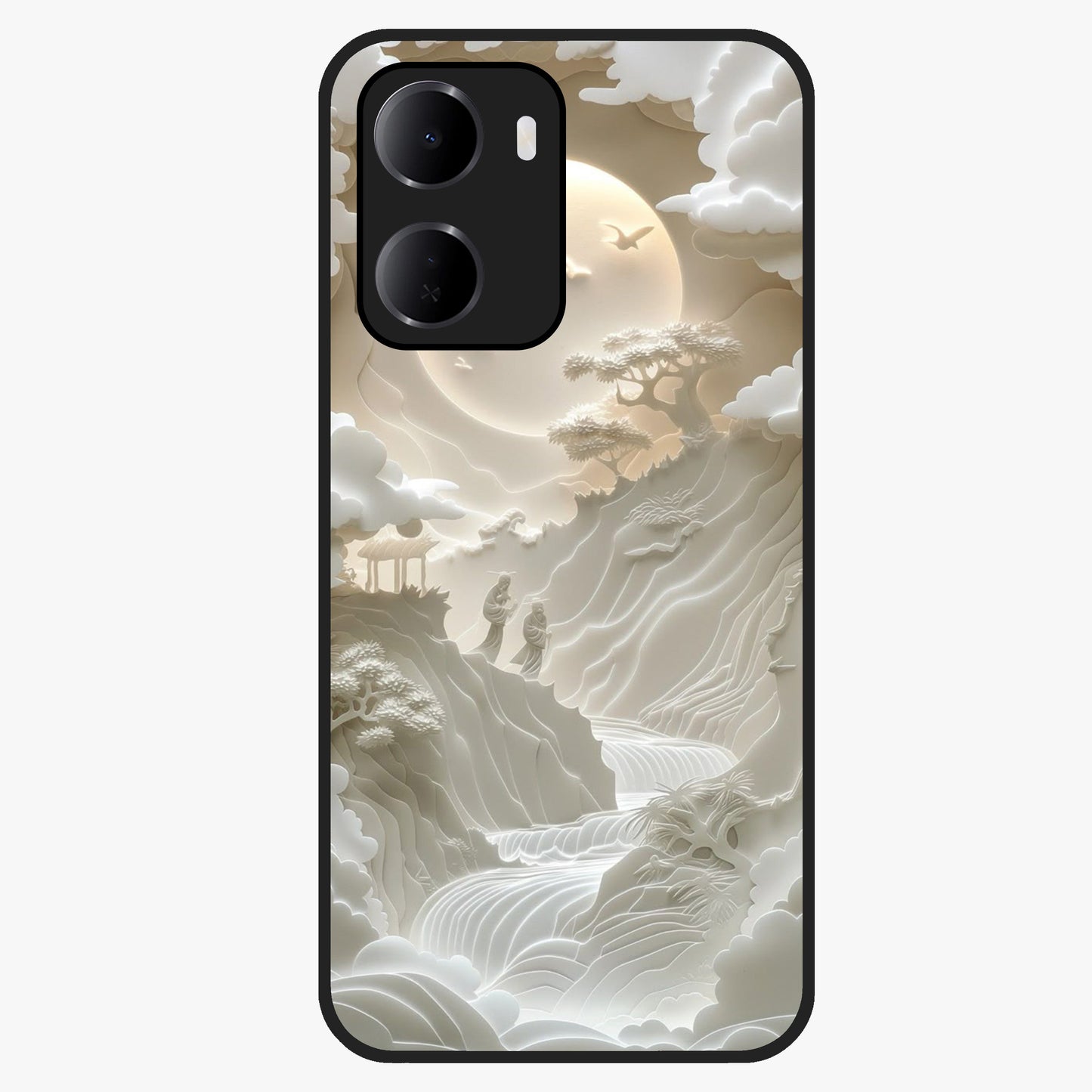 Celestial Origami Glass Case showing flat back view with artistic origami inspired celestial artwork and glossy glass finish.