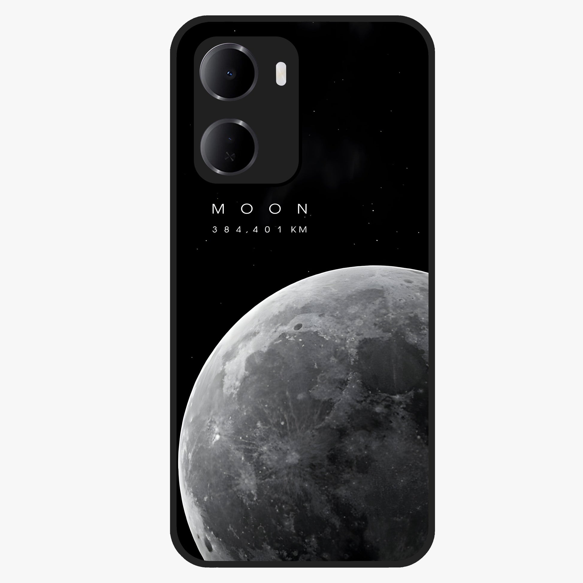 Cosmic Moon Glow Glass Case showing flat back view with glowing moon artwork and glossy glass finish.