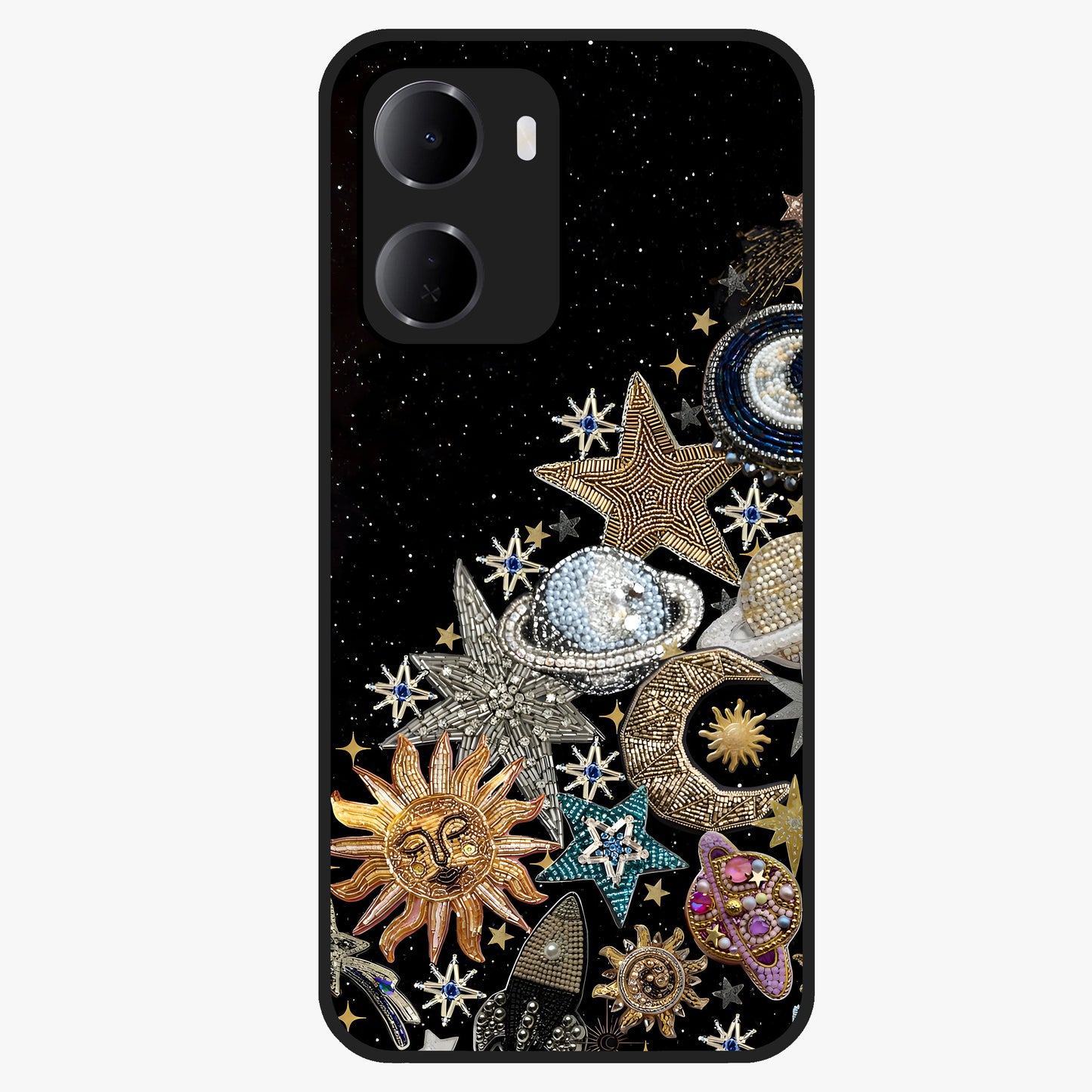 Cosmic Sparkle Dreams Glass Case showing flat back view with sparkling cosmic artwork and glossy glass finish.